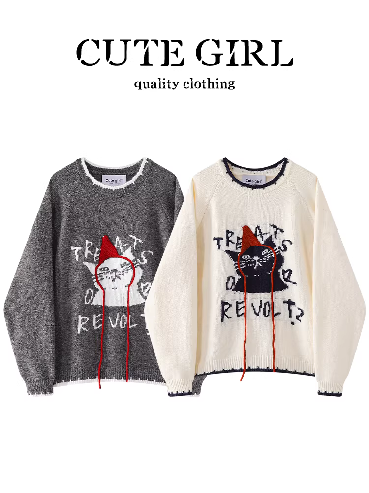 Áo len cổ tròn jacquard thiết kế CuteGirl dành cho nữ, mùa thu đông, dáng nhỏ nhắn, dáng rộng, đa năng, áo giảm tuổi tác