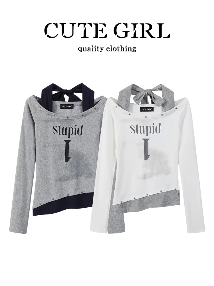 Áo thun dài tay cổ yếm in họa tiết lấy cảm hứng từ thiết kế CuteGirl dành cho nữ, áo kiểu dáng ôm sát hợp thời trang mùa thu