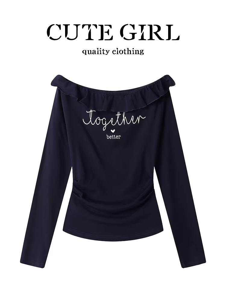 Áo thun dài tay in họa tiết kiểu Mỹ của CuteGirl dành cho nữ, áo trễ vai dáng ôm thanh lịch mùa thu