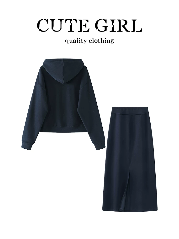 Bộ trang phục ootd mùa thu của CuteGirl Bộ đồ hoàn chỉnh gồm áo nỉ có mũ trùm đầu và váy in họa tiết màu xanh hải quân dành cho nữ