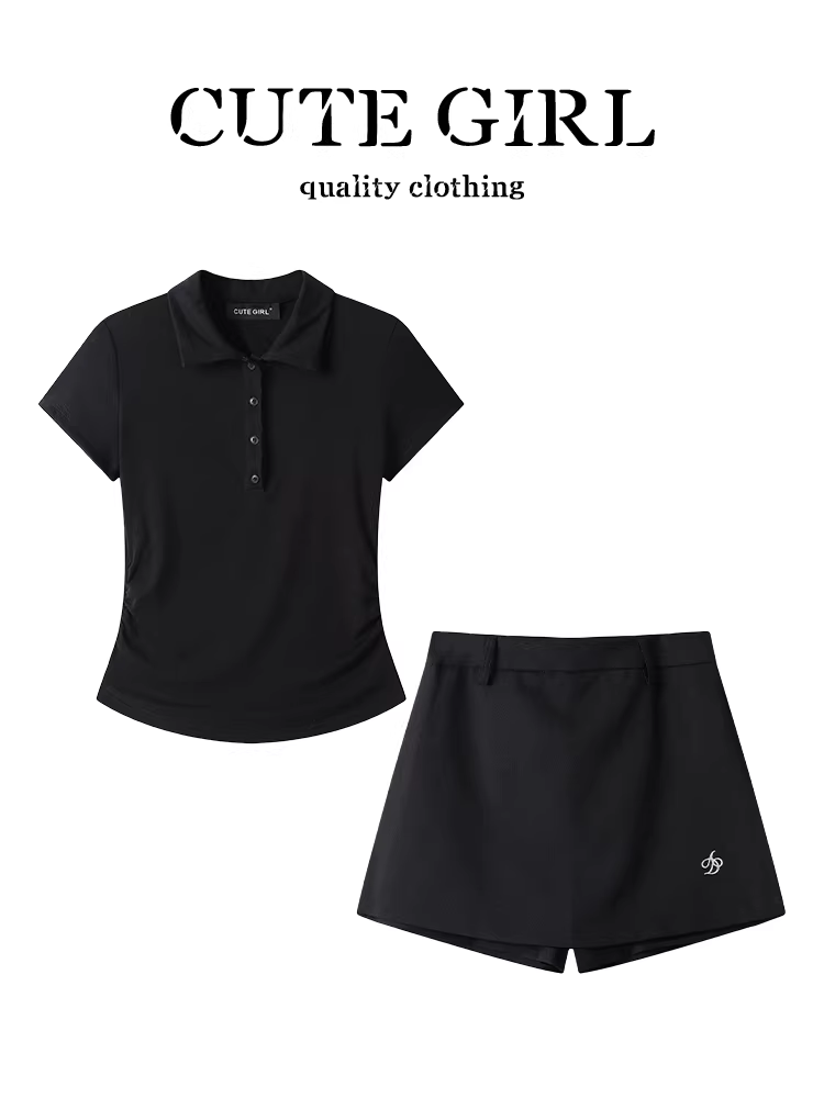 Bộ đồ cao cấp và sành điệu của CuteGirl dành cho nữ, áo thun ngắn tay cổ polo màu đen mùa hè và váy hai mảnh
