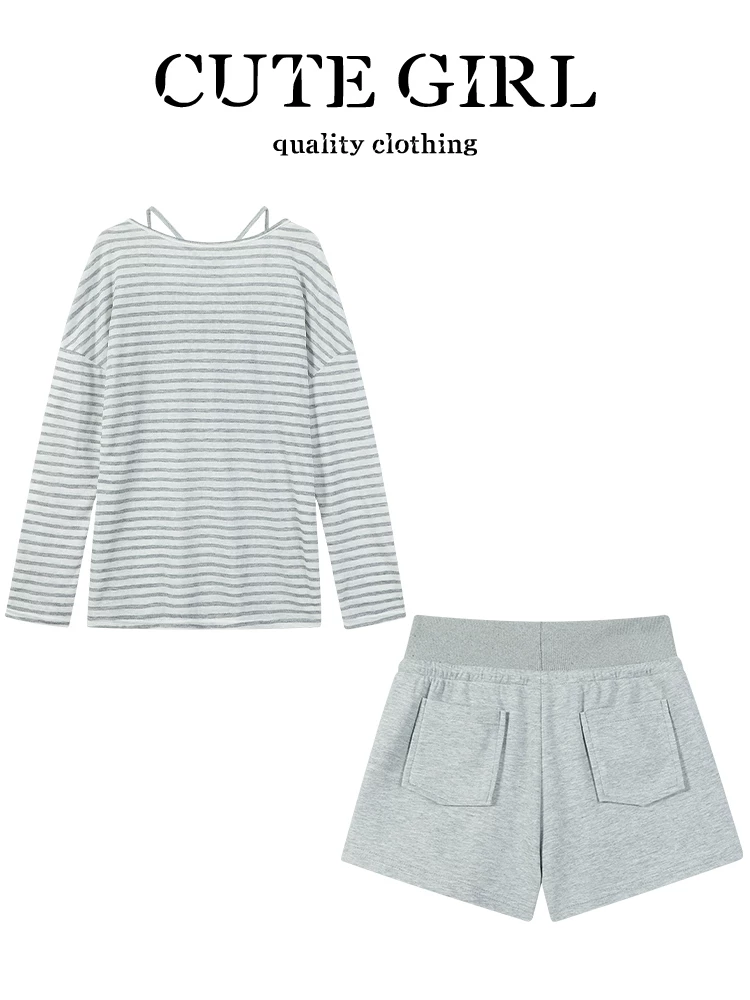 Bộ đồ thể thao phong cách Hàn Quốc CuteGirl dành cho nữ, áo sọc mùa hè, áo thun, cổ yếm, quần short lưng cao, bộ ba món