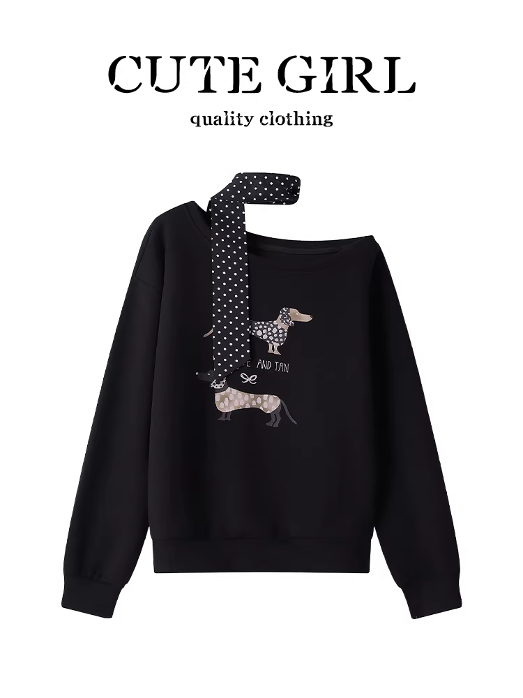 Áo len dài tay trễ vai in hình động vật phong cách Hàn Quốc dành cho nữ, thiết kế mùa thu, áo dáng rộng, giản dị và đa năng