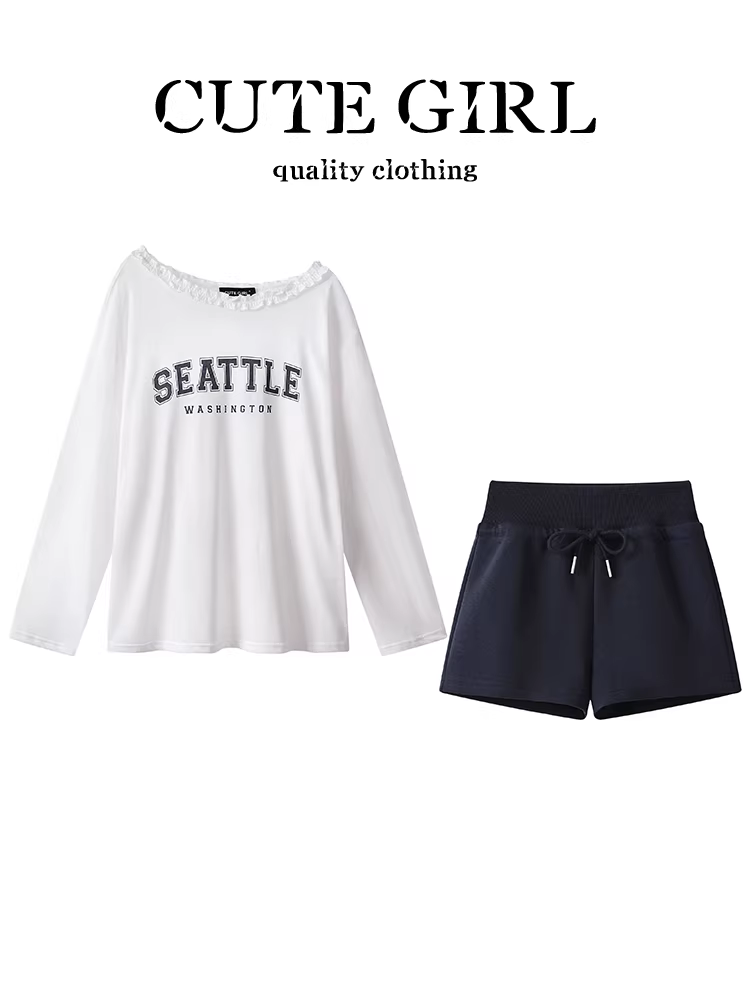 CuteGirl Áo thun trễ vai in chữ thời trang Hàn Quốc có dây rút mùa hè quần short cạp cao dành cho nữ Bộ đồ hai mảnh