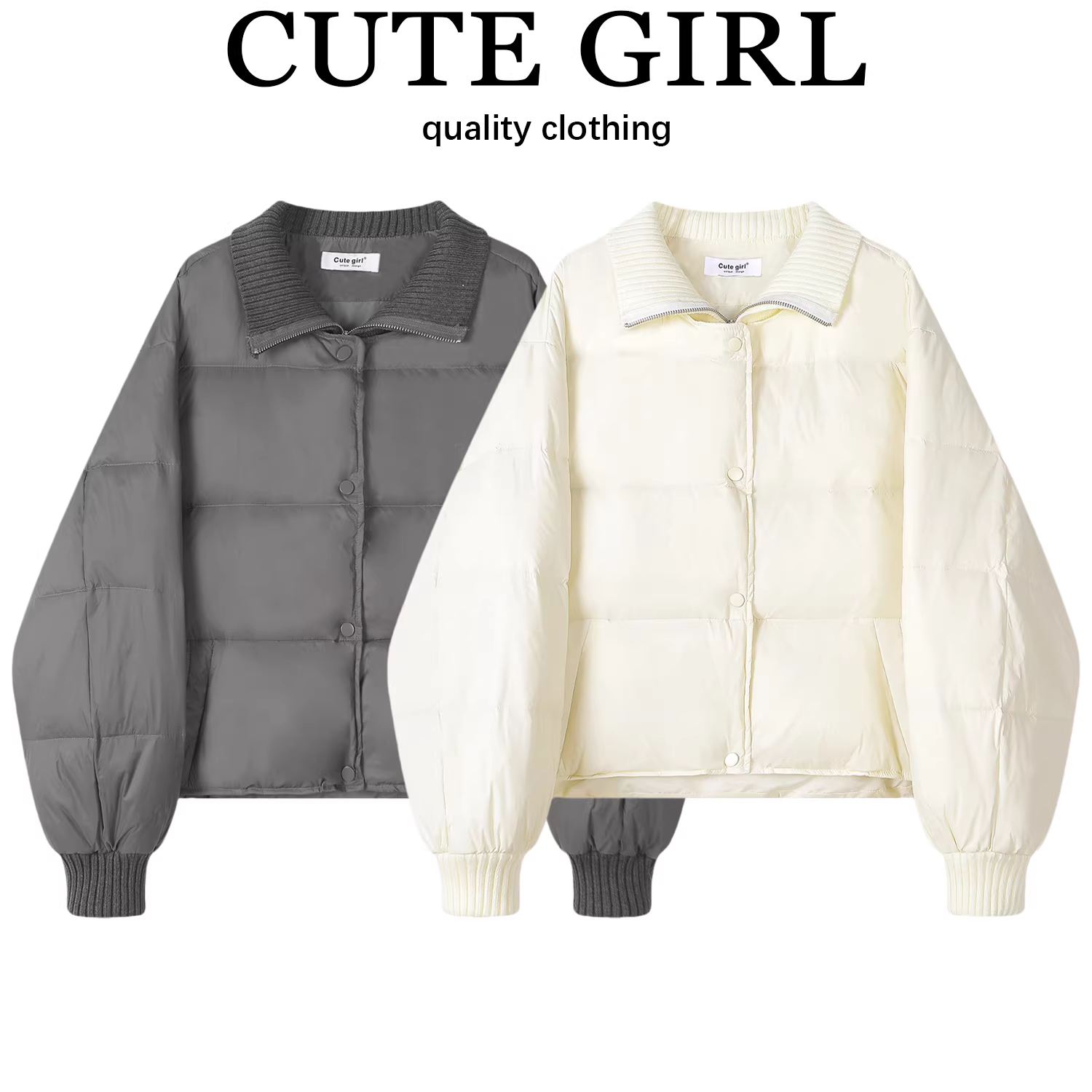 Áo khoác lông vũ giả hai lớp kiểu dáng thời trang CuteGirl dành cho nữ, áo khoác phao mùa đông rộng rãi ấm áp màu trắng