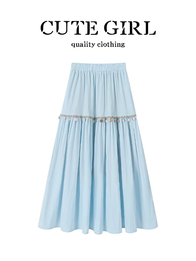 CuteGirl phong cách bohemian váy tua rua màu xanh váy dài xếp ly dáng chữ A dáng rộng mùa hè dành cho nữ