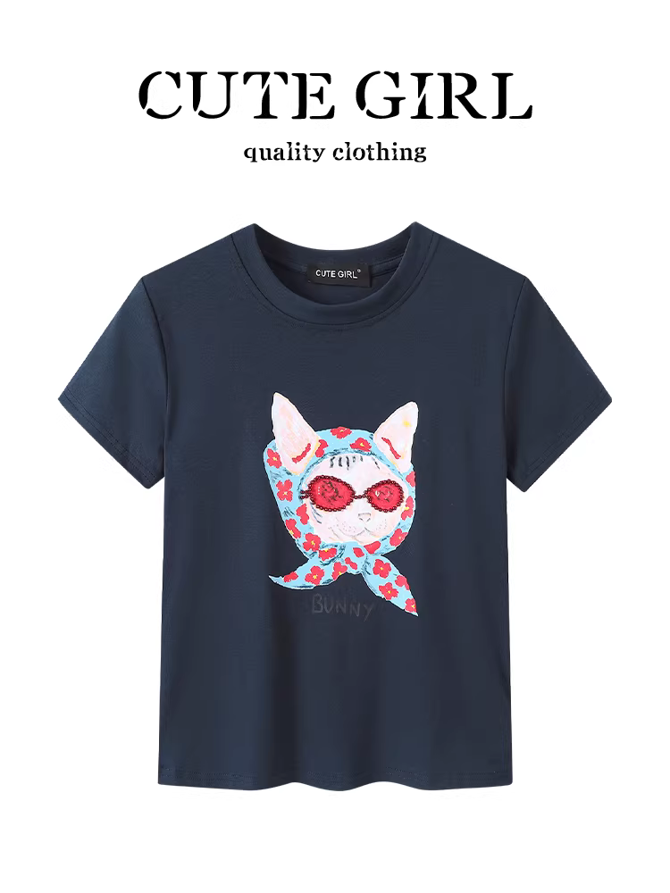 Áo thun ngắn tay cổ tròn in hình siêu phong cách của CuteGirl dành cho nữ, áo thun dáng ôm cao cấp đính cườm mùa hè