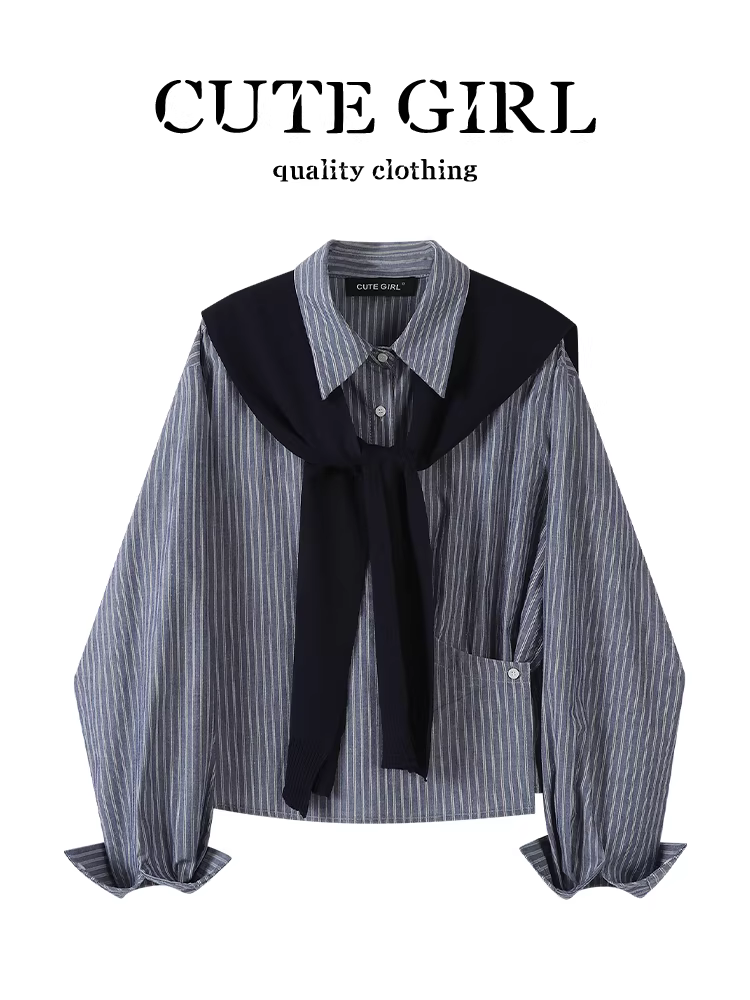 Áo sơ mi dài tay cổ polo sọc cổ điển Hàn Quốc của CuteGirl dành cho nữ, phong cách mùa thu, dáng rộng và đa năng với khăn choàng.