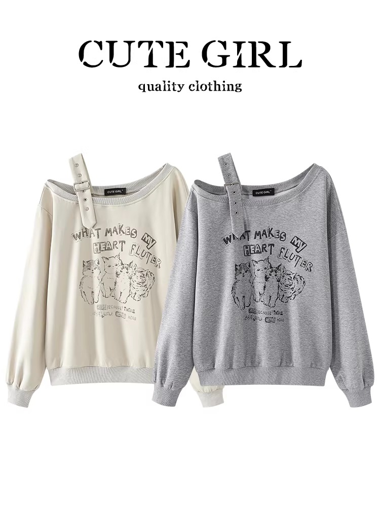 Áo len dài tay trễ vai in họa tiết hoạt hình màu xám phong cách Hàn Quốc dành cho nữ, áo dáng rộng mùa thu, đa năng, giảm tuổi tác