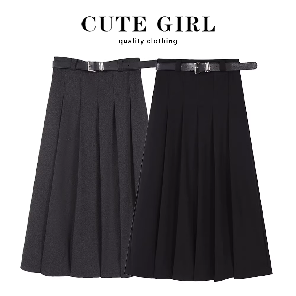CuteGirl váy xếp ly màu xám lưng cao giảm béo dáng quả lê Váy chữ A nữ phong cách thu đông mới 2025