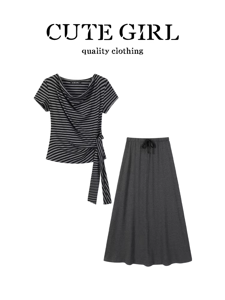 Bộ trang phục hoàn chỉnh phong cách CuteGirl dành cho nữ, bộ áo thun ngắn tay và váy sọc xám buộc dây mùa hè