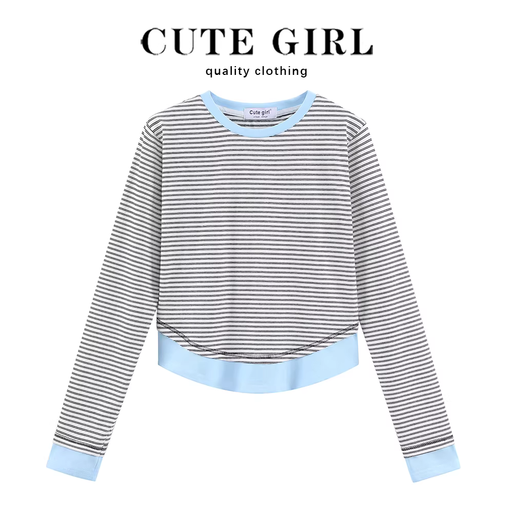 Áo thun nữ tay dài kẻ sọc giả hai mảnh dáng ngắn xinh xắn mùa thu 2025 mẫu mới