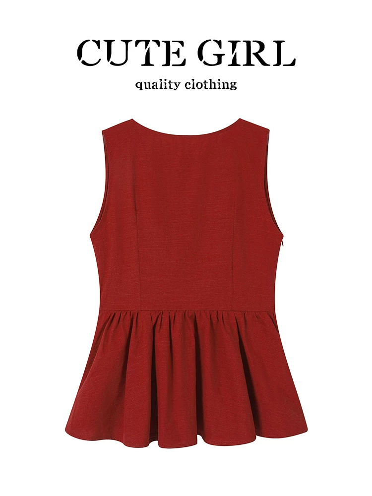 Áo vest không tay màu đỏ xoắn cổ chữ V thiết kế độc đáo của CuteGirl dành cho nữ, một chiếc áo ôm eo độc đáo và lộng lẫy cho mùa hè.