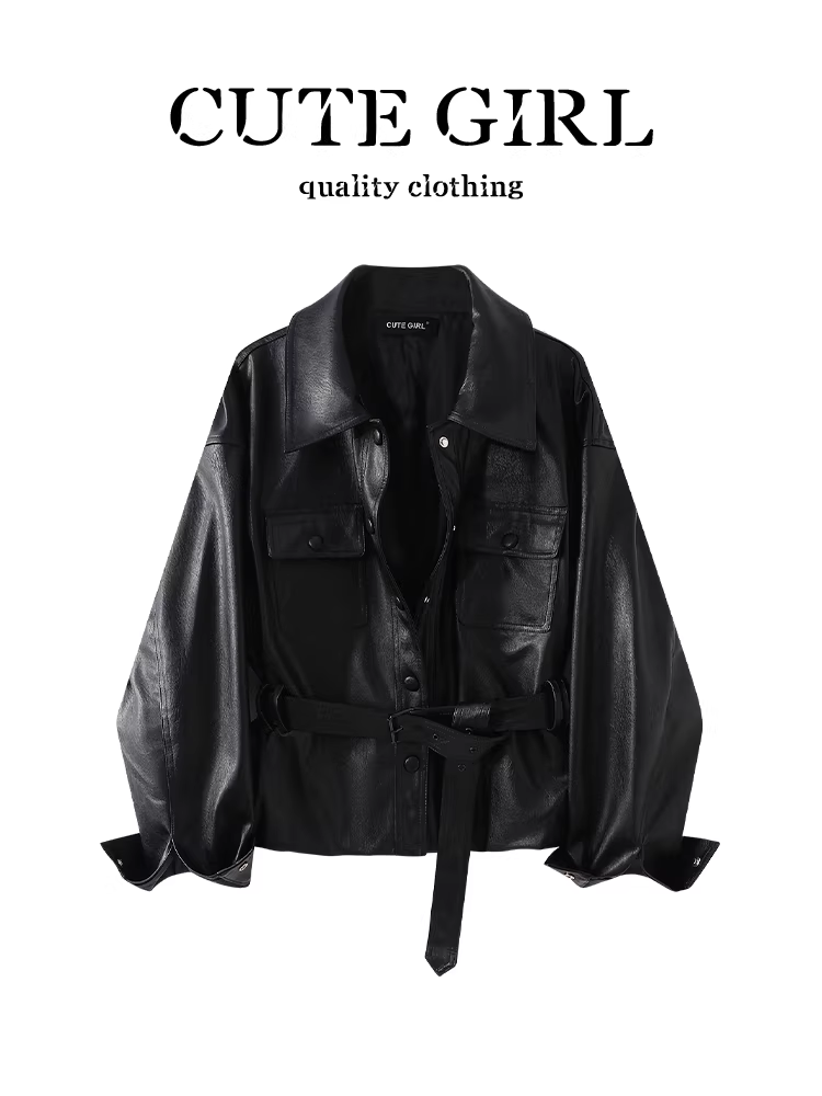 Áo khoác da PU màu đen phong cách Mỹ của CuteGirl dành cho nữ, mùa thu đông, áo khoác cao cấp, dáng rộng, đa năng, giảm béo, ôm eo