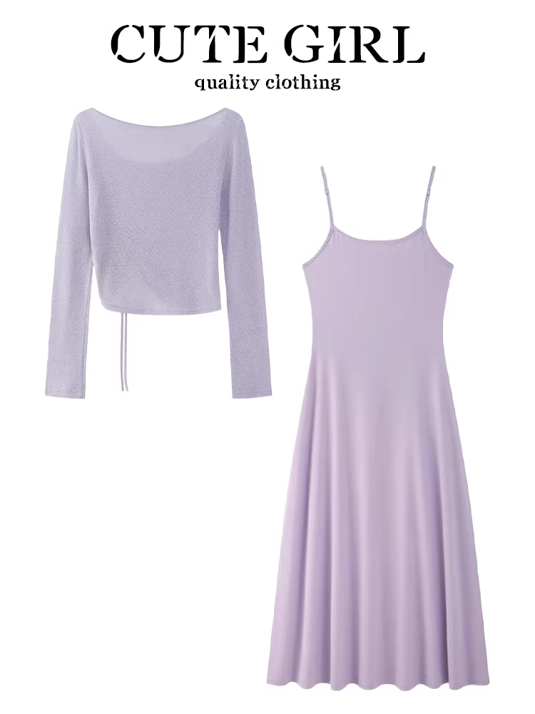 CuteGirl phong cách dịu dàng váy dây màu tím thiết kế mùa xuân dành cho nữ áo có dây rút eo bộ đồ hai mảnh