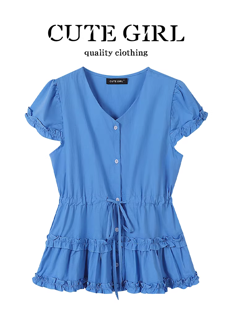 Áo sơ mi ngắn tay màu xanh nhạt kiểu Pháp dễ thương dành cho nữ, áo kiểu xếp ly thắt eo sang trọng mùa hè.