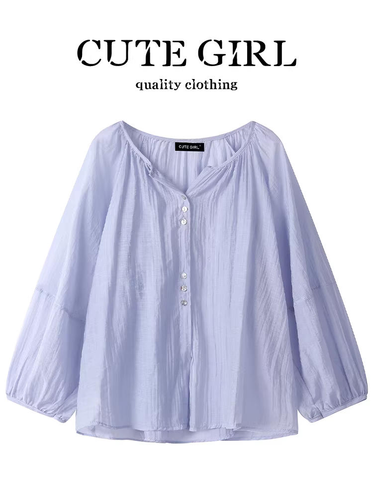 Áo sơ mi chống nắng màu xanh lam kiểu Pháp dễ thương dành cho nữ, áo dáng rộng đa năng mỏng nhẹ và sành điệu mùa hè