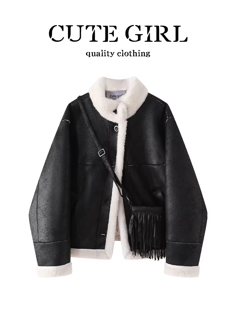 Áo khoác lót lông cừu cổ đứng bằng da lộn thiết kế CuteGirl dành cho nữ trong mùa thu đông, áo khoác ấm rộng rãi và đa năng dành cho phụ nữ nhỏ nhắn
