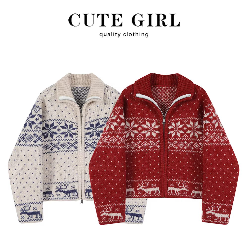 Áo khoác cardigan dệt kim phong cách lười biếng của CuteGirl với áo len màu đỏ Giáng sinh dành cho nữ, phong cách mới mùa xuân thu 2025.