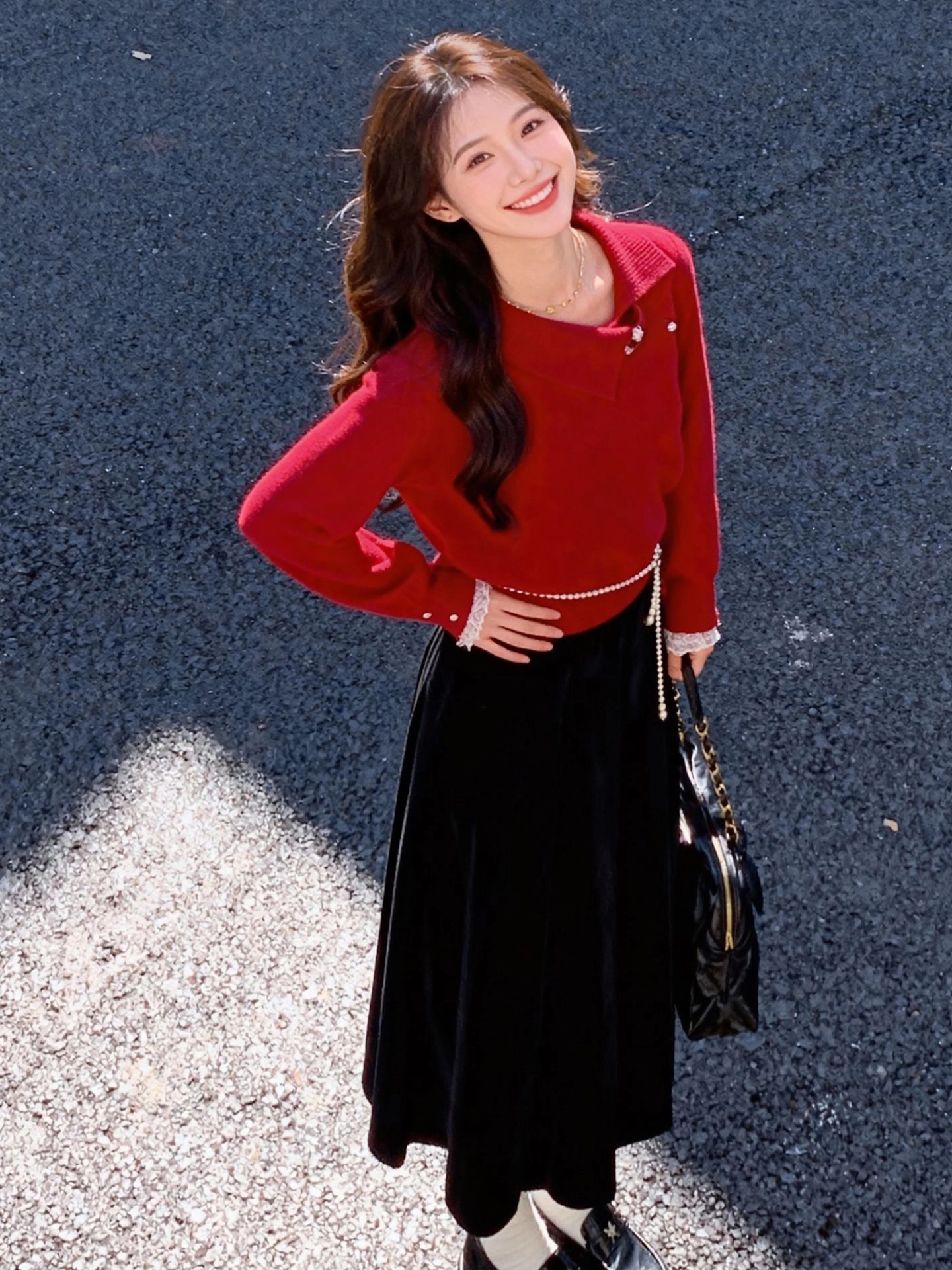 CuteGirl Áo len chui đầu cổ polo màu đỏ sang trọng phong cách Hàn Quốc dành cho nữ mùa đông Giáng sinh Trang phục năm mới áo dệt kim