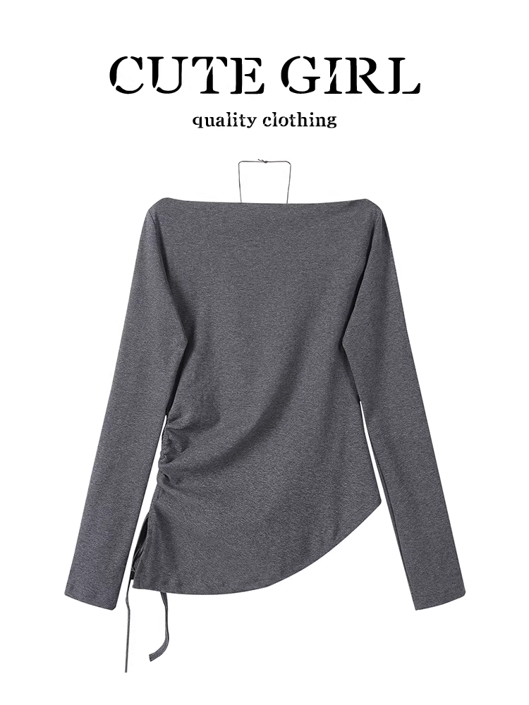 Áo thun dài tay lệch vai màu xám phong cách Hàn Quốc có túi dành cho nữ, áo dáng ôm đa năng thanh lịch mùa thu