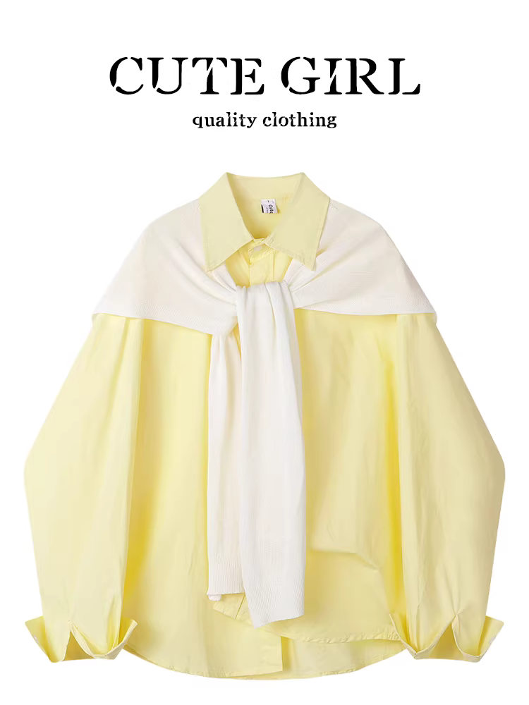 Áo chống nắng thêu màu vàng phong cách Hàn Quốc dành cho nữ mùa xuân, phối cùng khăn choàng dệt kim màu trắng xếp lớp thành bộ hai món.