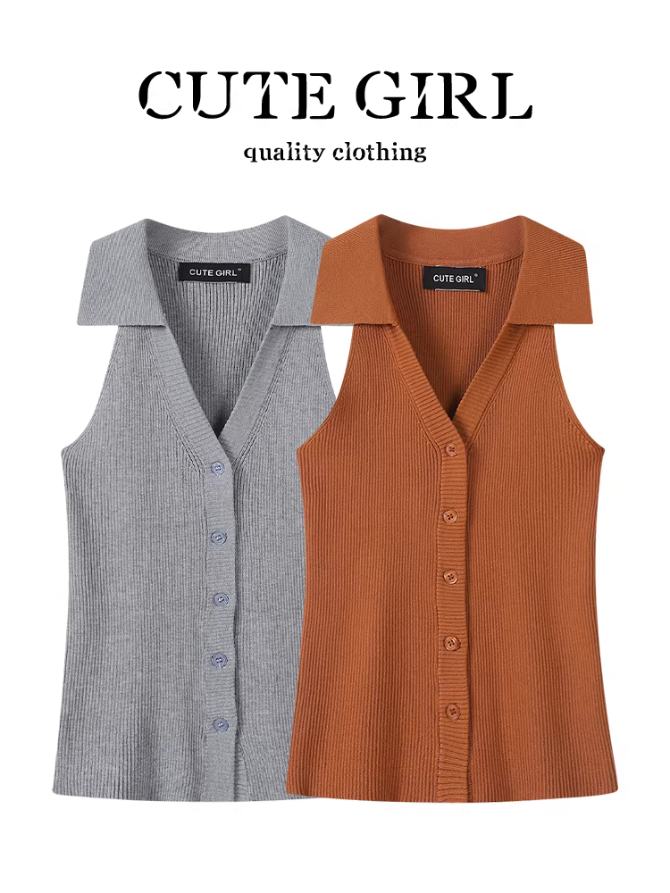 Áo vest dệt kim không tay cổ polo kiểu Mỹ cổ điển dành cho nữ vào đầu mùa thu, áo kiểu dáng gợi cảm và ôm sát, đa năng