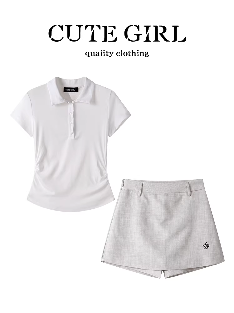 Bộ trang phục ánh trăng trắng tinh khiết của CuteGirl dành cho nữ mùa hè Áo thun ngắn tay cổ trắng có cổ váy chữ A Bộ hai món