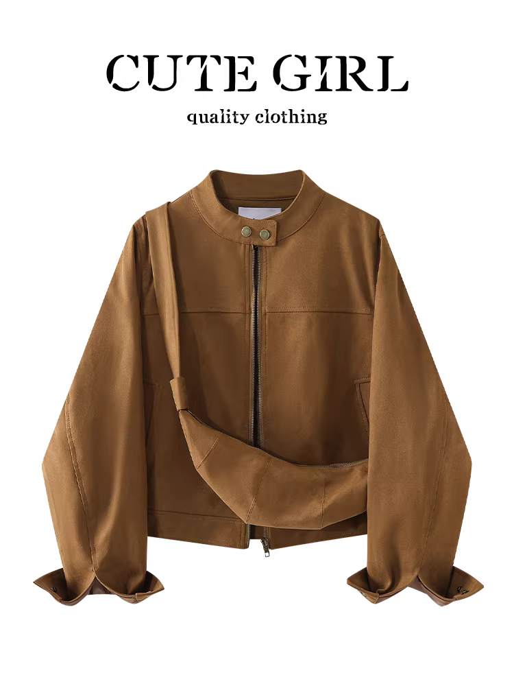 Áo khoác da lộn màu cà phê cổ điển của CuteGirl có túi đựng dành cho nữ, áo khoác dáng rộng thông thường cao cấp mùa thu
