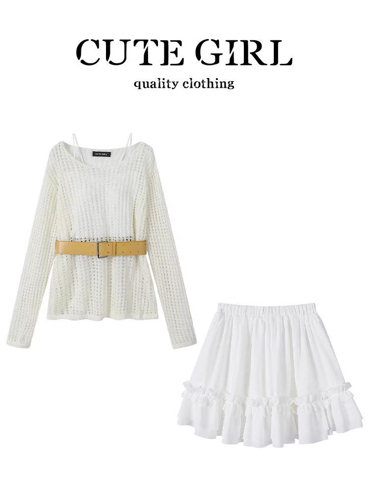 Bộ trang phục mùa hè tuyệt đẹp của CuteGirl dành cho nữ: áo khoác len đục lỗ, áo ba lỗ, váy bánh bèo ba món