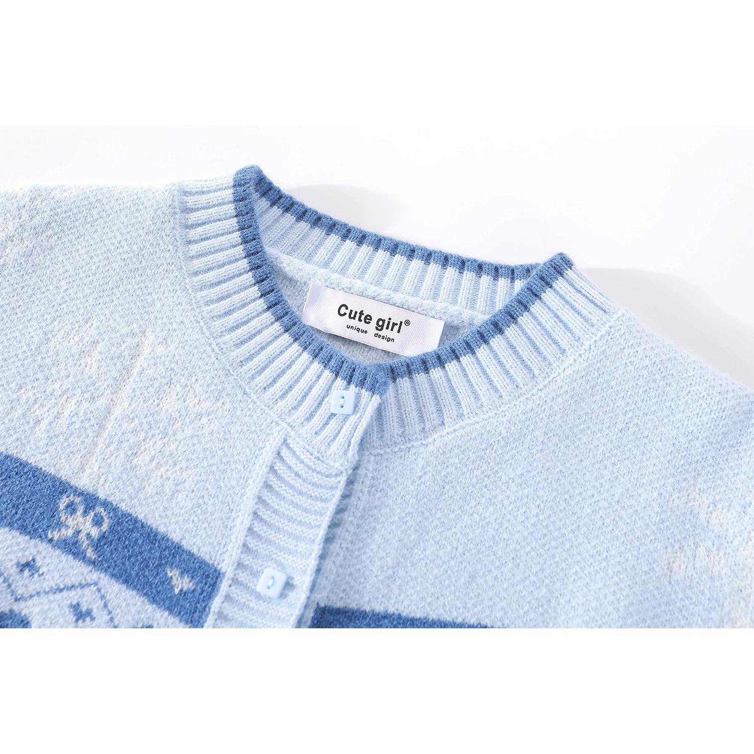 CuteGirl Trang phục Giáng sinh áo len cardigan màu xanh Fair Isle dành cho nữ mùa thu đông phong cách lười biếng đồ dệt kim mềm mại và trẻ trung