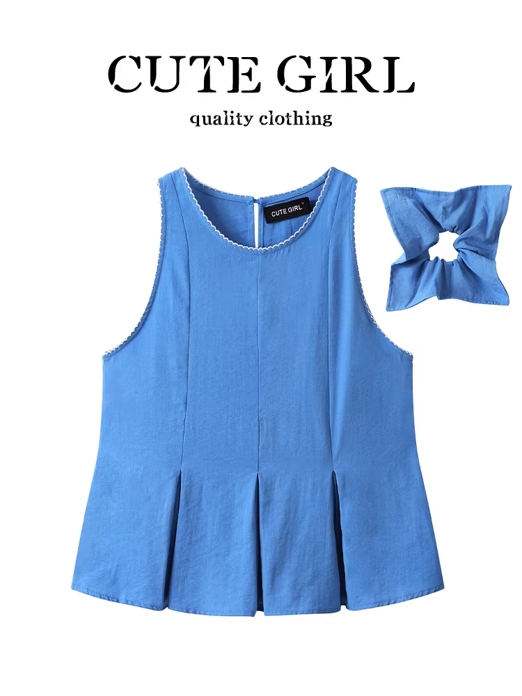 CuteGirl Thiết kế Hàn Quốc phối màu tương phản ren màu xanh vest không tay mùa hè dành cho nữ trang phục công sở thanh lịch áo xếp ly