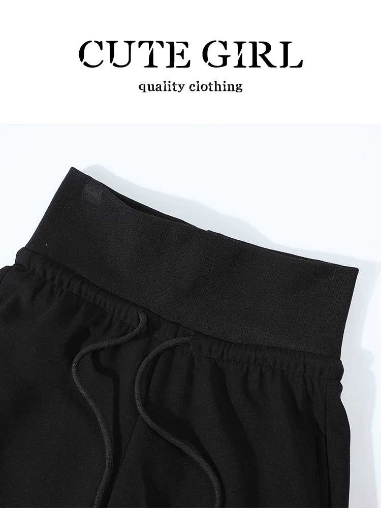 Quần ống rộng lưng thun màu đen phong cách Hàn Quốc dành cho nữ, thiết kế mùa thu, dáng rộng và đa năng, quần ống đứng tôn dáng