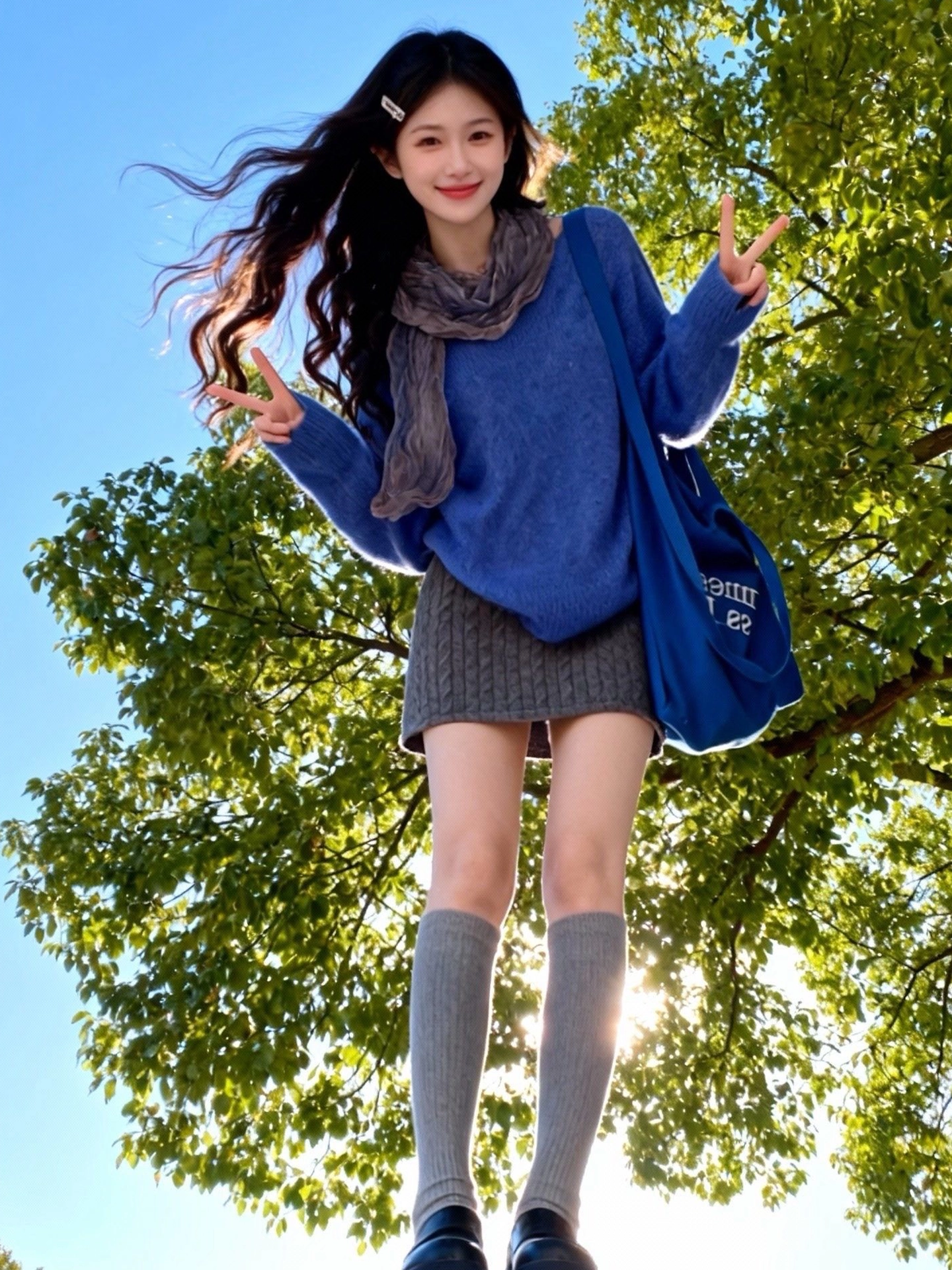 Áo len cổ tròn màu xanh phong cách Hàn Quốc của CuteGirl dành cho nữ, mùa thu đông, phong cách lười biếng, dáng rộng, giản dị, đa năng, áo len dệt kim mềm mại