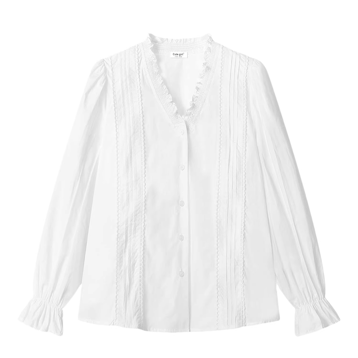 Áo sơ mi trắng cổ chữ V có ren xếp nếp theo phong cách Pháp dành cho nữ, áo kiểu cổ điển thanh lịch mùa xuân