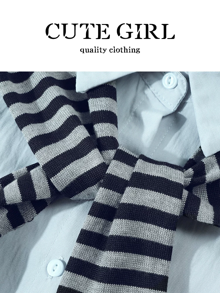 Áo sơ mi cổ polo có khăn choàng cổ điển CuteGirl dành cho nữ vào đầu mùa thu, áo sơ mi xếp lớp đơn giản, rộng rãi, giản dị và đa năng