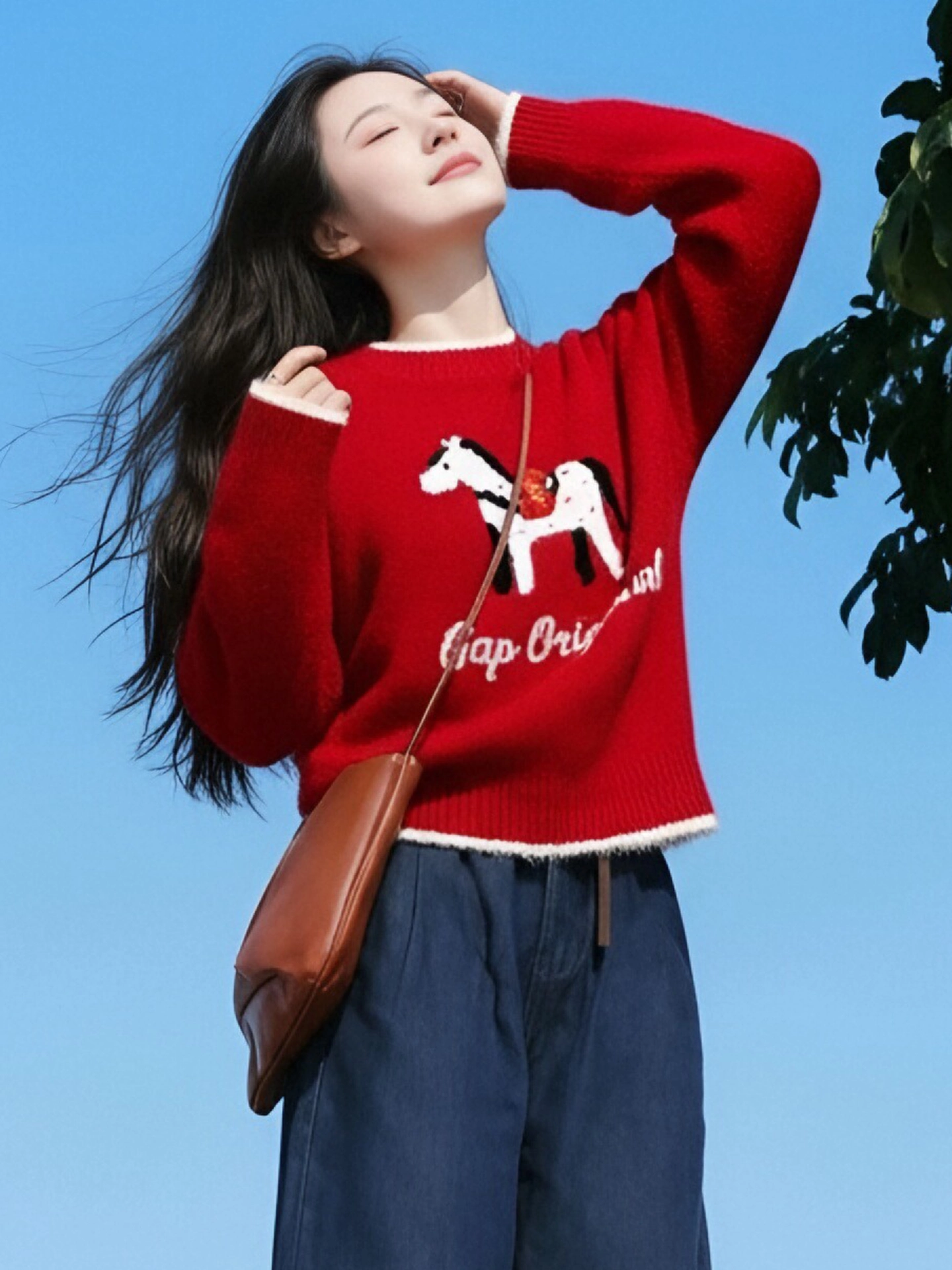 Áo len chui đầu cổ tròn phối màu jacquard màu đỏ phong cách Hàn Quốc dành cho nữ, áo dệt kim đa năng dáng ôm mùa đông