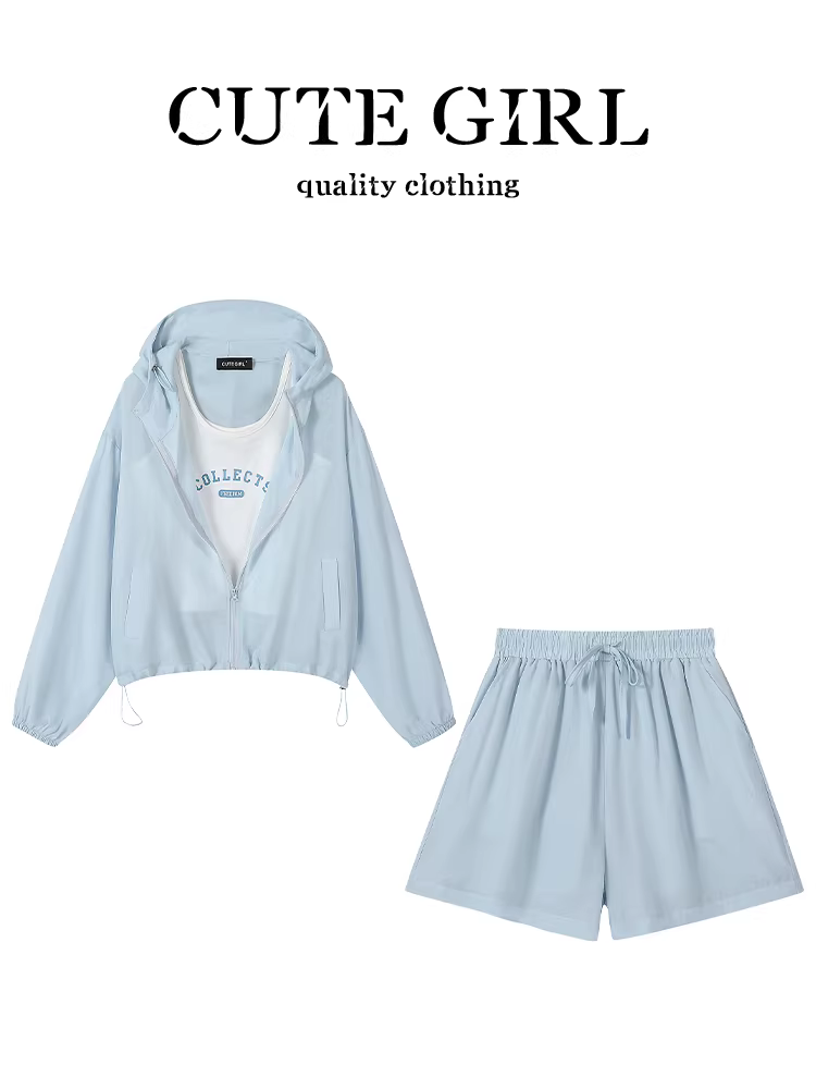 Bộ trang phục mùa hè thoải mái của CuteGirl dành cho nữ, áo chống nắng có mũ, áo vest in hình, quần short ống rộng bộ ba món