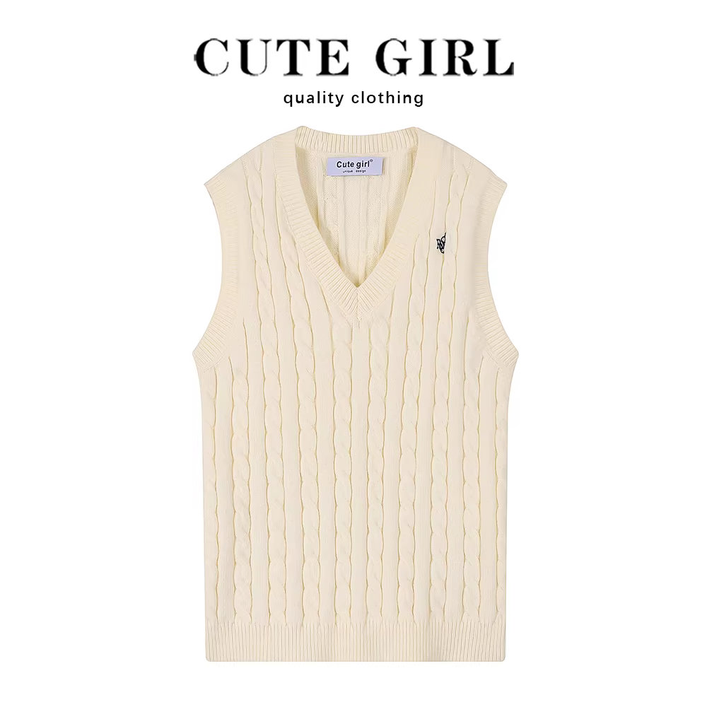 Áo sơ mi CuteGirl phối áo len dệt kim cổ chữ V dành cho nữ, áo không tay kiểu mới xuân thu 2024