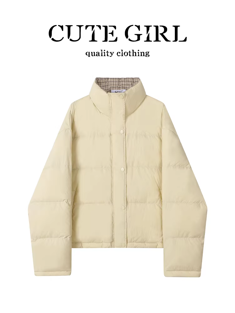 Áo khoác ngắn cổ đứng màu vàng kem phong cách dễ thương dành cho nữ trong mùa thu đông, áo khoác cotton rộng rãi và đa năng dành cho người có vóc dáng nhỏ nhắn.