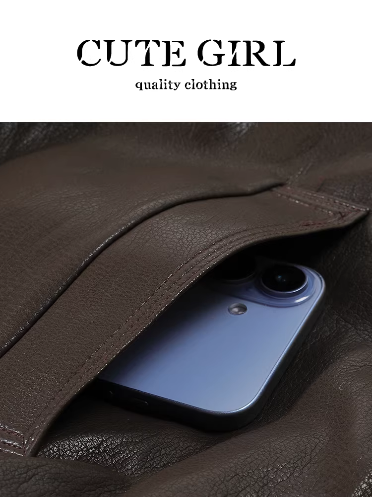 Áo khoác da lót lông cừu màu cà phê phong cách CuteGirl Barn dành cho nữ, áo khoác dáng rộng đa năng cao cấp mùa thu