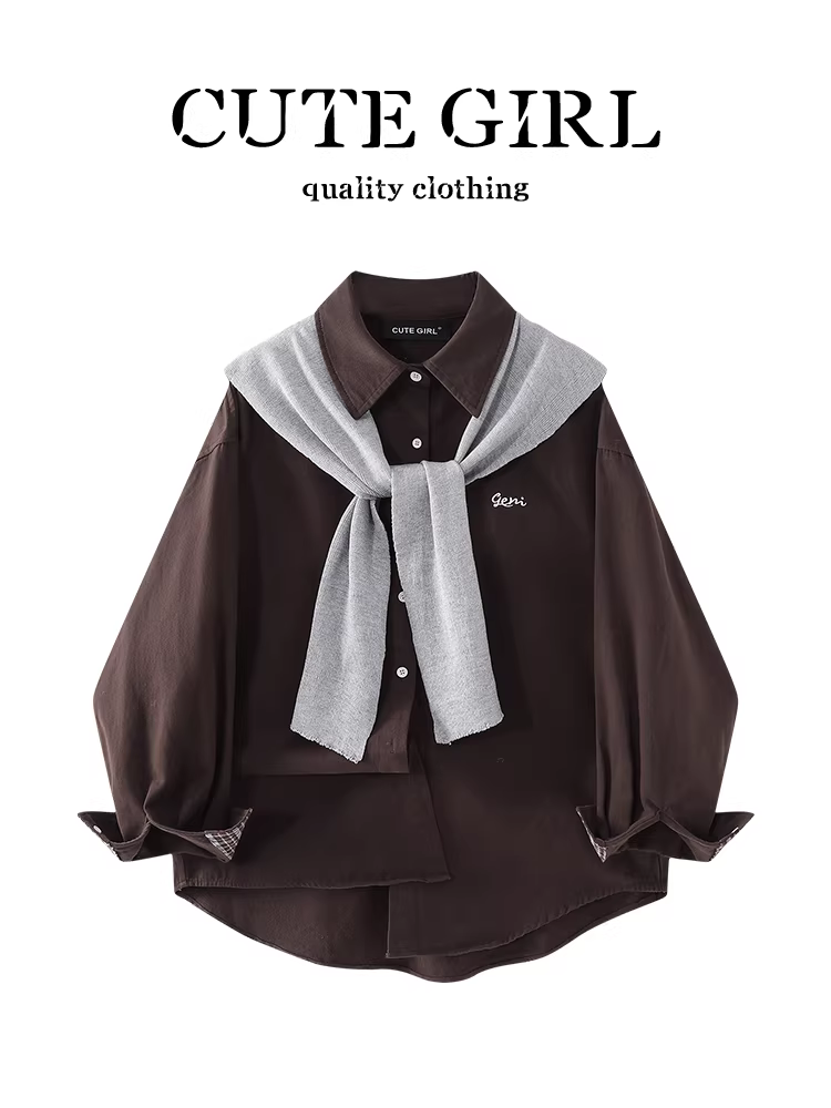 Áo sơ mi có ve áo màu cà phê cổ điển của CuteGirl có khăn choàng dành cho nữ, thiết kế mùa thu đông, áo sơ mi dáng rộng thông thường