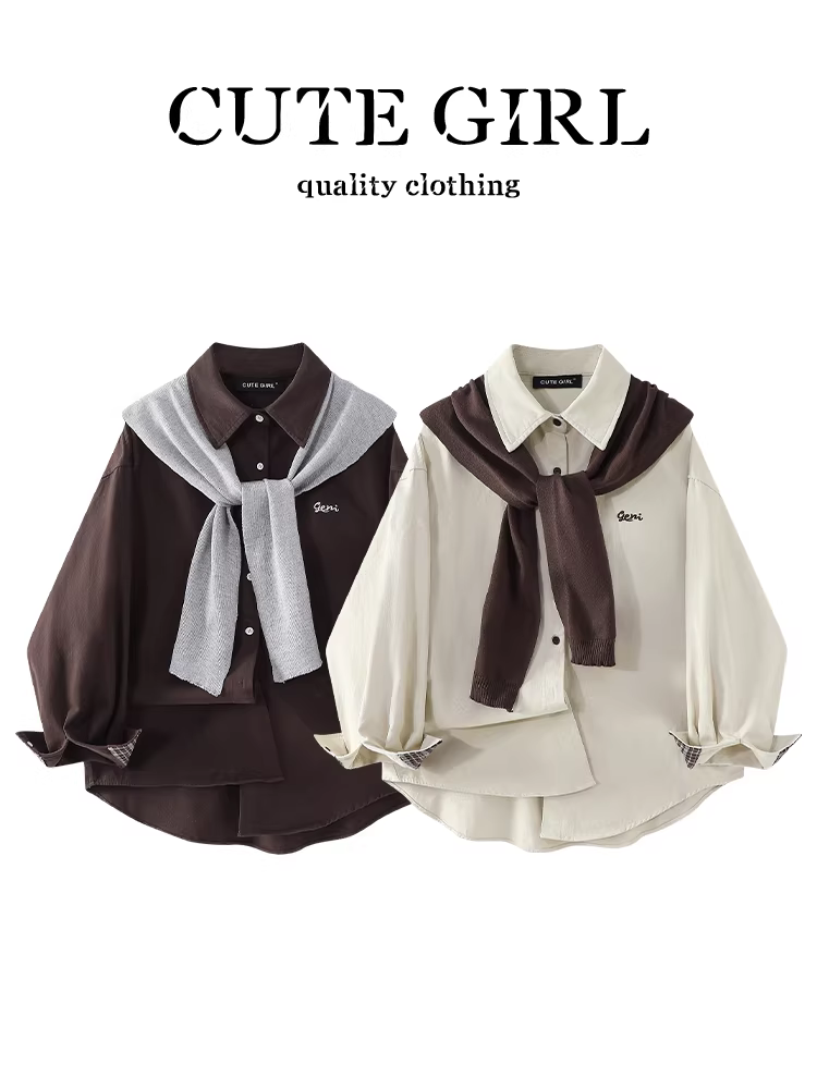 Áo sơ mi cổ màu mơ nhỏ nhắn có khăn choàng dành cho nữ, mùa thu đông, cao cấp, dáng rộng, đa năng, áo giảm tuổi tác