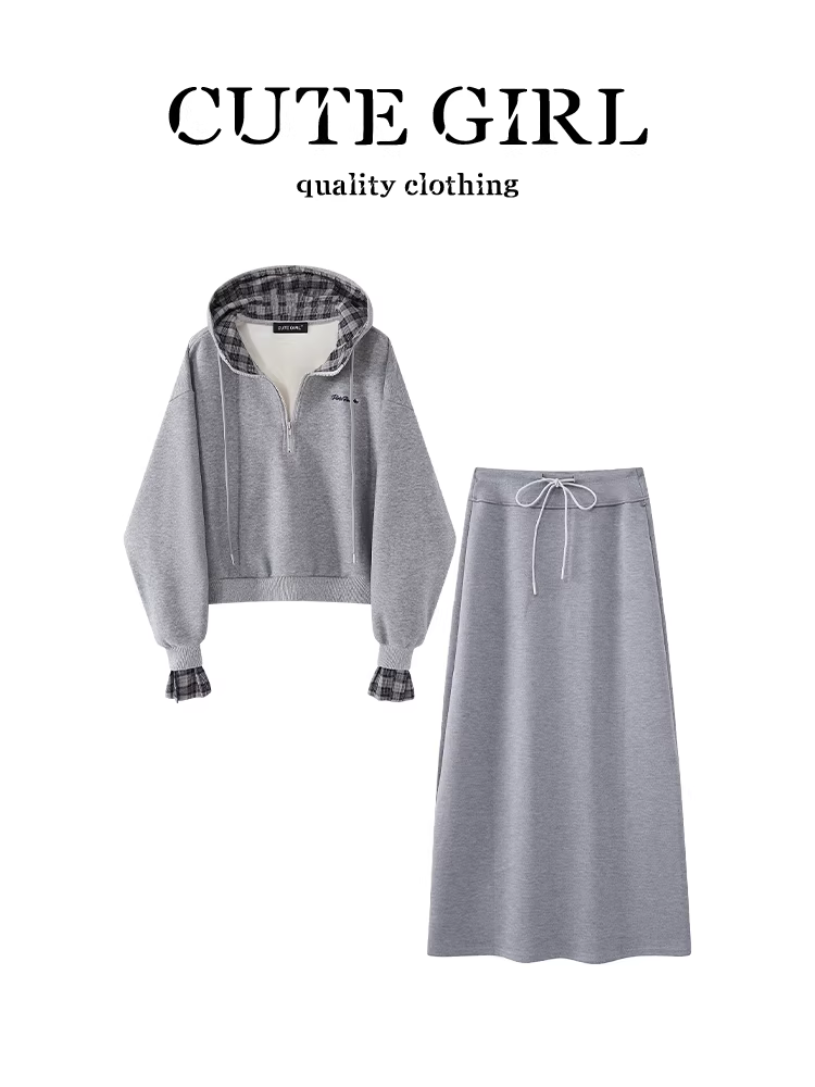 Bộ trang phục mùa đông hai mảnh tuyệt đẹp của CuteGirl dành cho nữ: áo len có mũ trùm đầu màu xám và bộ váy cạp cao.
