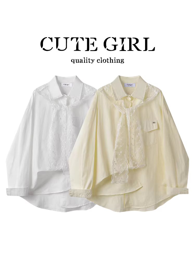 Áo sơ mi dài tay ren màu vàng phong cách Pháp dễ thương dành cho nữ trong mùa thu phong cách ngọt ngào áo sơ mi dáng rộng và đa năng