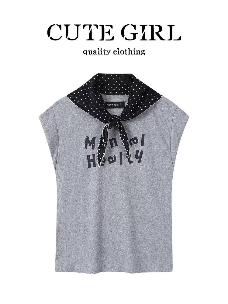 Áo thun không tay màu xám in chữ ngọt ngào phong cách Hàn Quốc dành cho nữ mùa hè với áo khăn chấm bi