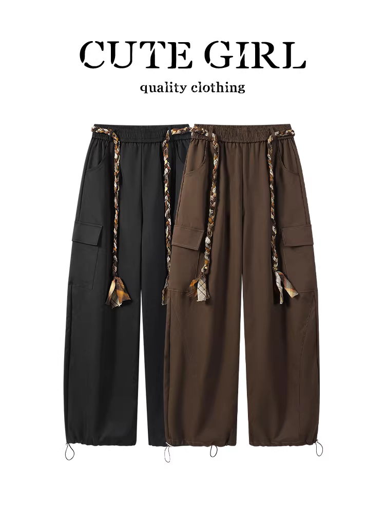 Quần ống rộng màu cà phê phong cách Hàn Quốc dành cho nữ, thiết kế mùa thu, lưng thun, dáng rộng, tôn dáng, quần thể thao mềm mại