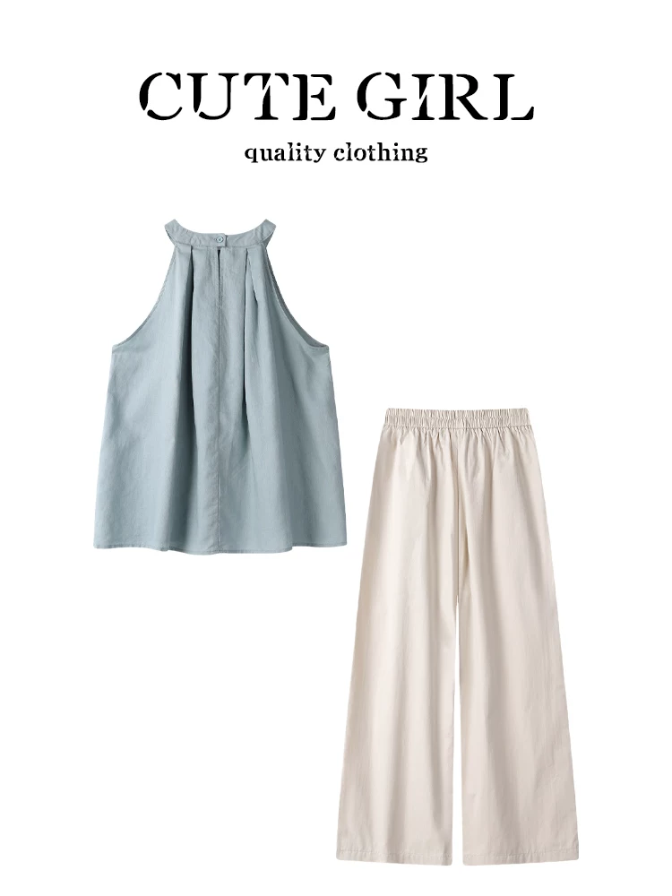 Bộ đồ hai mảnh kiểu Hàn Quốc thời trang trẻ trung gồm áo hai dây cổ halter và quần ống rộng dáng thẳng dành cho nữ mùa hè