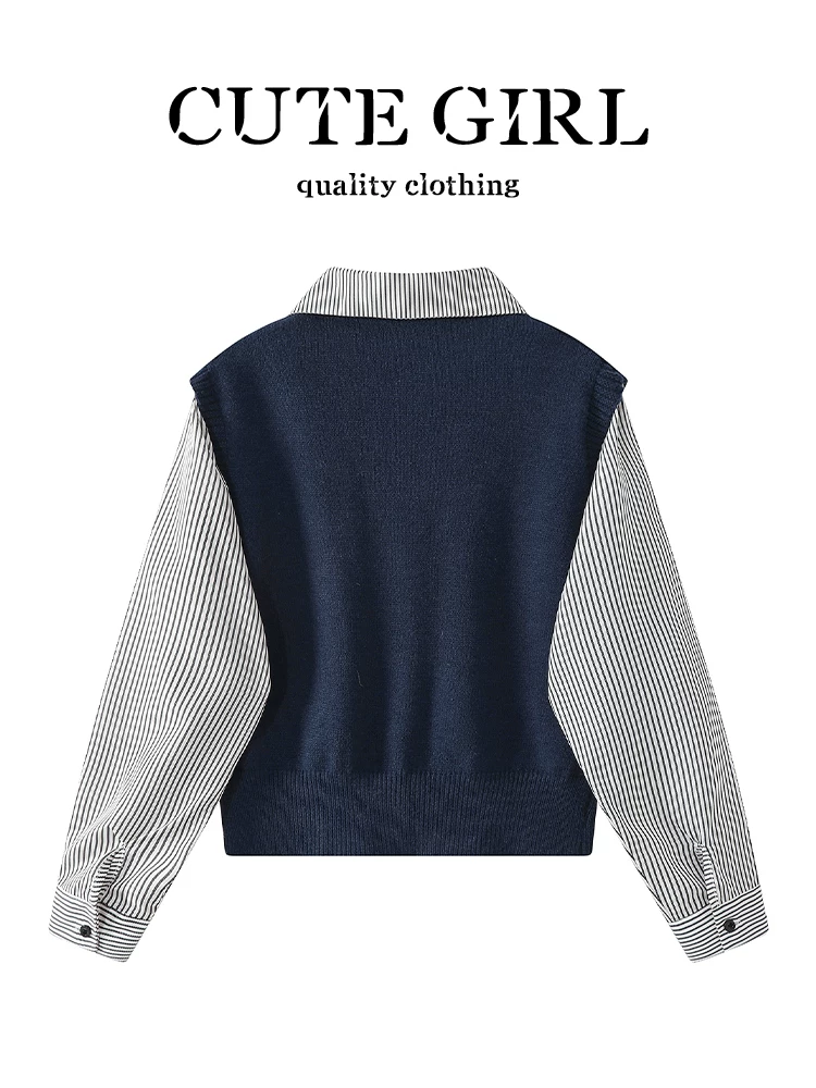 Áo vest dệt kim phong cách preppy của CuteGirl với áo sơ mi sọc chắp vá, áo hai mảnh giả mùa thu đông dành cho nữ giảm tuổi tác