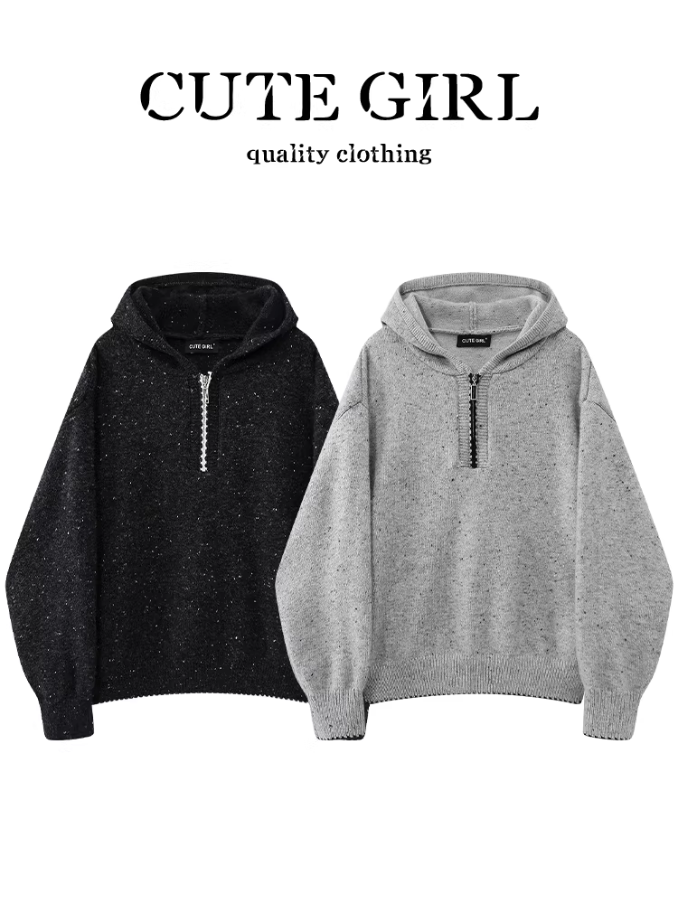 Áo len có mũ trùm đầu nửa khóa kéo màu xám phong cách Hàn Quốc dành cho nữ, mùa thu đông, thanh lịch, dáng rộng, giản dị, đa năng